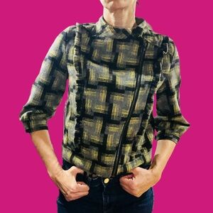 Amor Wool Blend Black Grey Yellow Plaid Moto Jacket 3/4 Sleeve Small